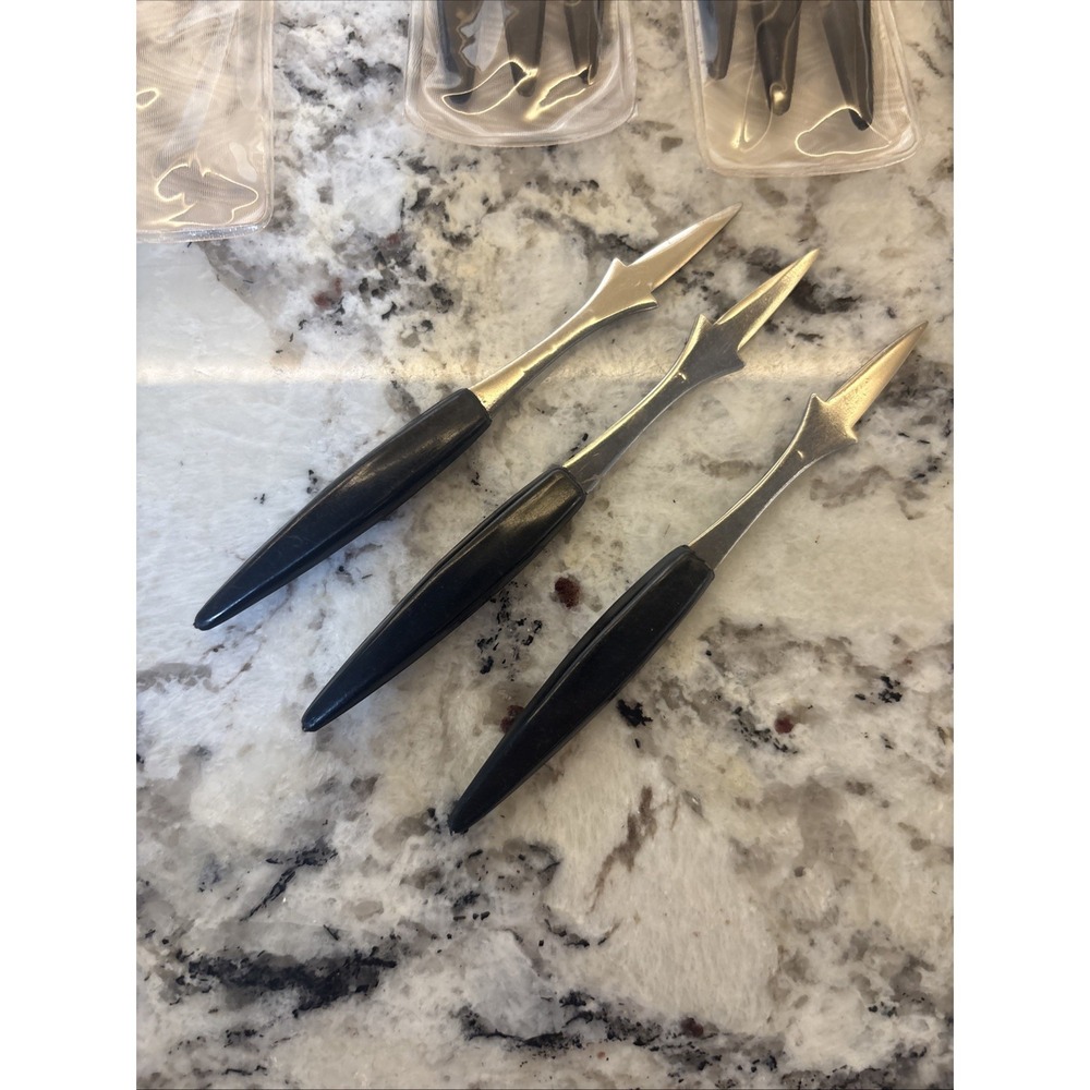 15 NOS Vtg‎ MCM Hors d'oeuvres Stainless Black Handled Olive Picks Forks Japan